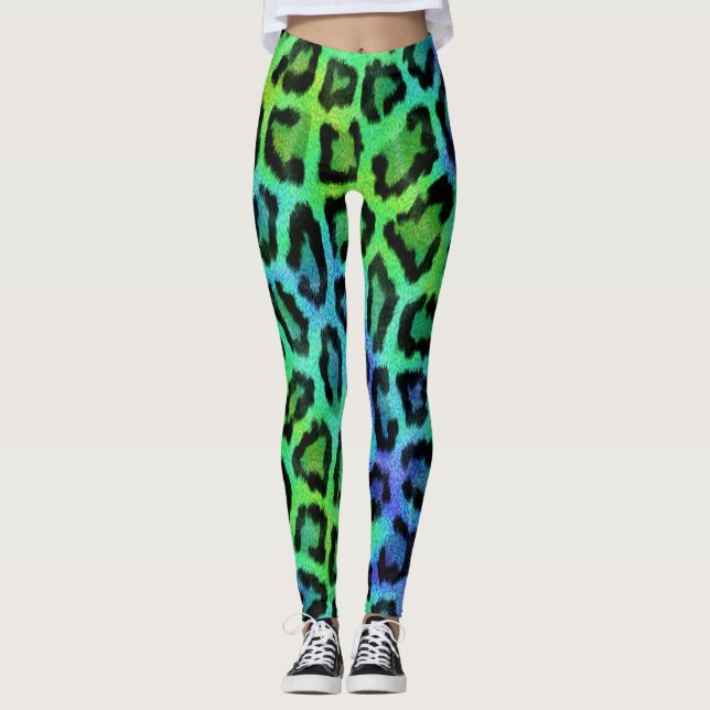 Green Blue Leopard Print Leggings (Front)