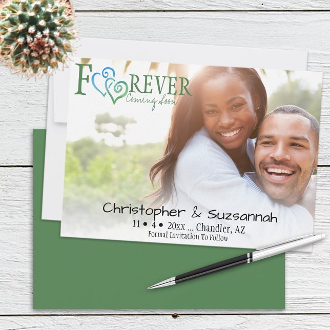 Green Blue Linked Hearts FOREVER Save The Date  Announcement (Creator Uploaded)