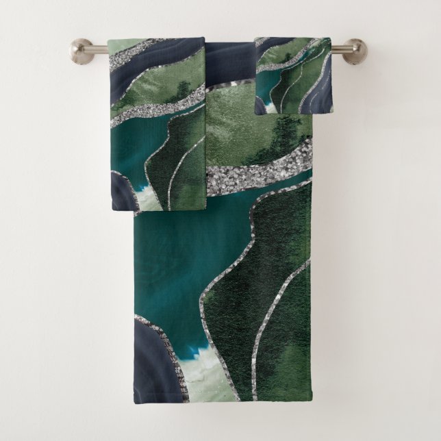 Green Blue Marble Agate Silver Glitter Glam #1  Bath Towel Set (Insitu)