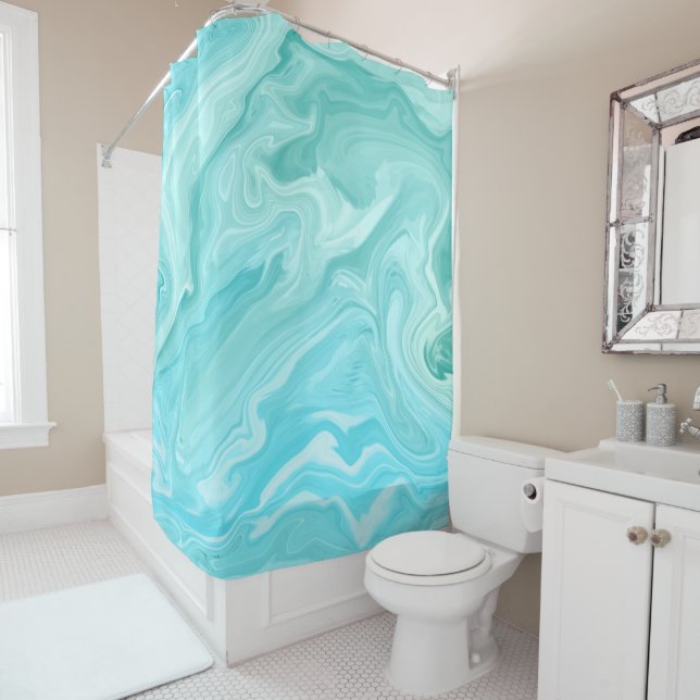 Green & Blue Marble Swirl Abstract Ocean Breeze Shower Curtain (In Situ)