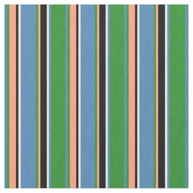 Green, Blue, Mint Cream, Black, Light Salmon Lines Fabric (Close Up)