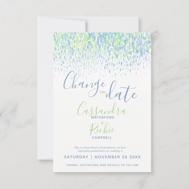Green blue modern art change the date wedding save the date (Front)