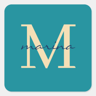 Green blue monogrammed  square sticker