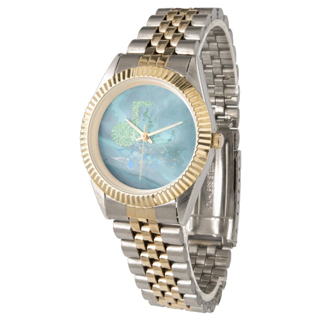 Green & Blue Music Notes Abstract 2 Two-Tone Watch (Angled)