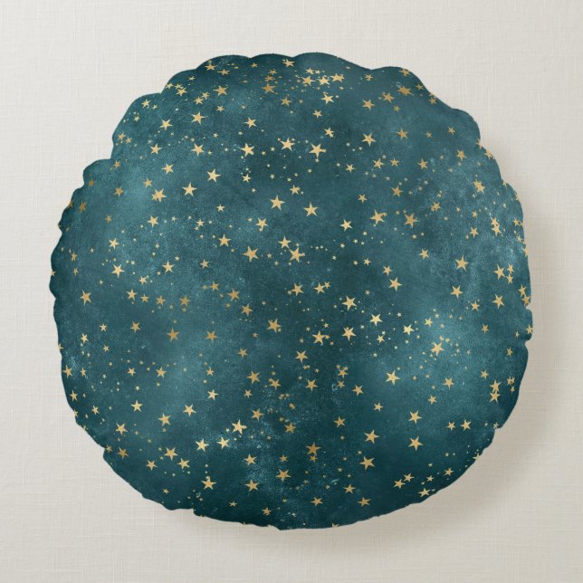 Green blue night sky teal gold star pattern  round cushion (Front)