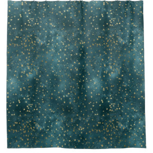 Green blue night sky teal gold star pattern  shower curtain