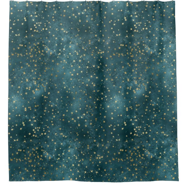 Green blue night sky teal gold star pattern  shower curtain (Front)