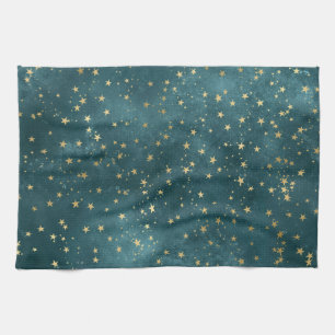 Green blue night sky teal gold star pattern  tea towel