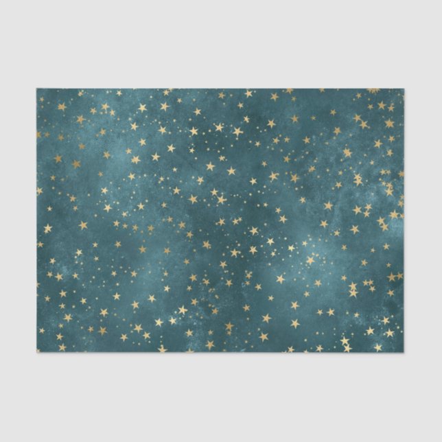 Green blue night sky teal gold star pattern  tissue paper (Front)