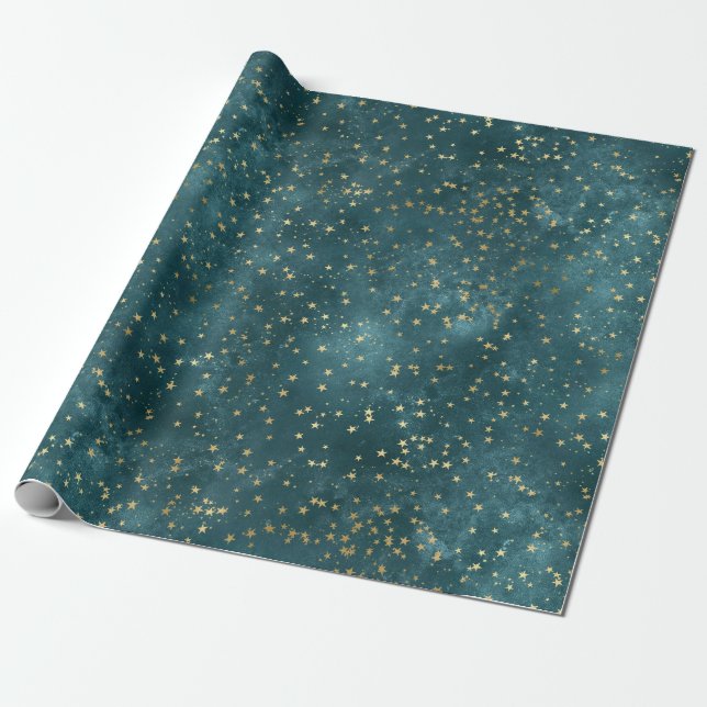 Green blue night sky teal gold star pattern  wrapping paper (Unrolled)