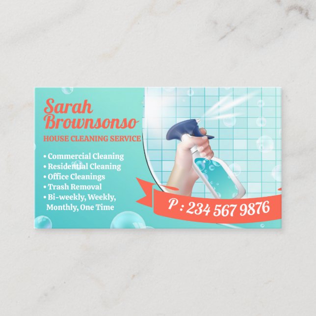 Green Blue Orange House Cleaning Business Card (Front)