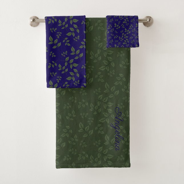 Green blue pattern leaves monogram bath towel set (Insitu)