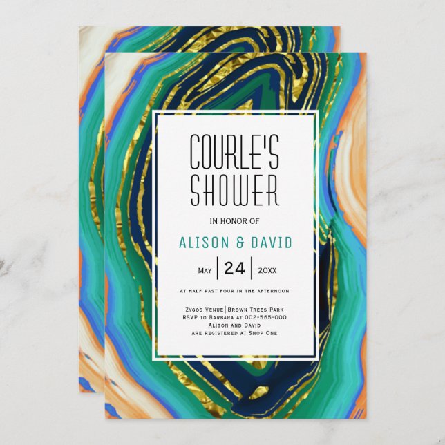 Green, blue, peach agate, gold foil couples shower invitation (Front/Back)
