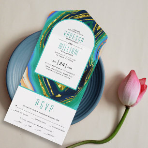 Green, blue, peach agate, gold foil geode wedding  all in one invitation