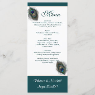 Green blue peacock feathers Menu  Rack Card