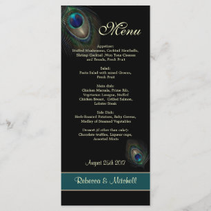 Green blue peacock feathers on black  Menu