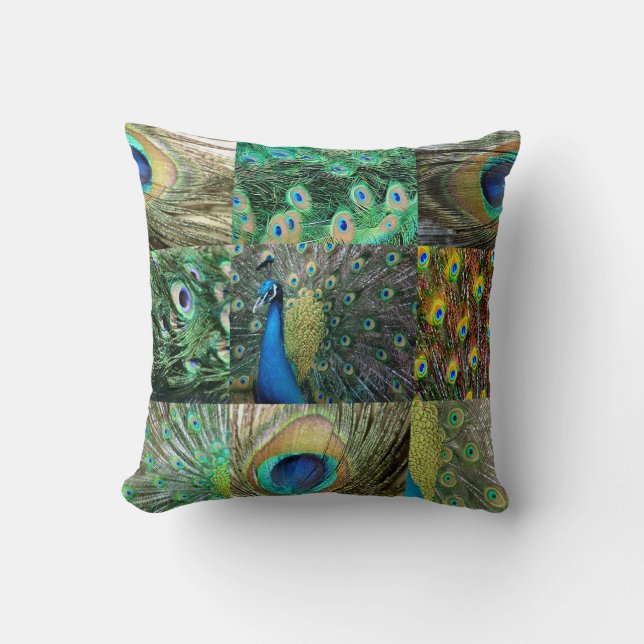 Green Blue Peacock photo collage Cushion (Front)