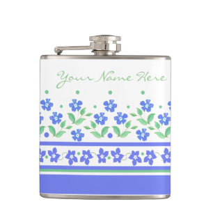 Green Blue Periwinkle Floral Border to Personalise Hip Flask