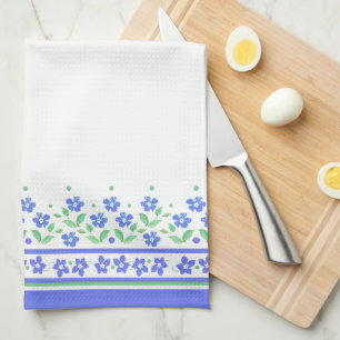 Green Blue Periwinkle Floral Border to Personalise Tea Towel