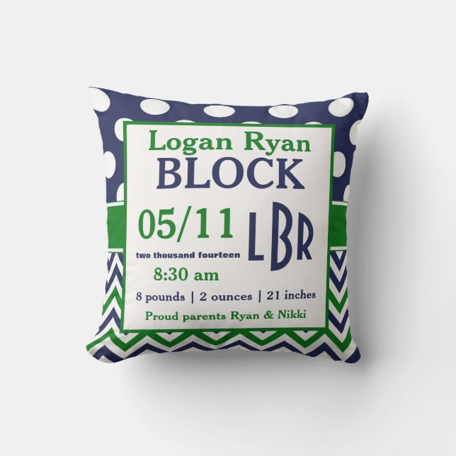 Green Blue Personalised Baby Announcement Pillow (Front)