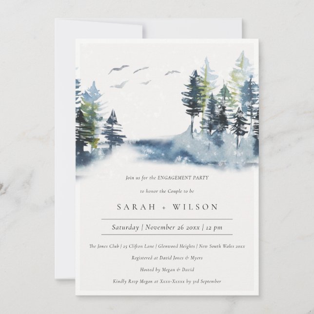 Green Blue Pine Forest Birds Engagement Invite (Front)