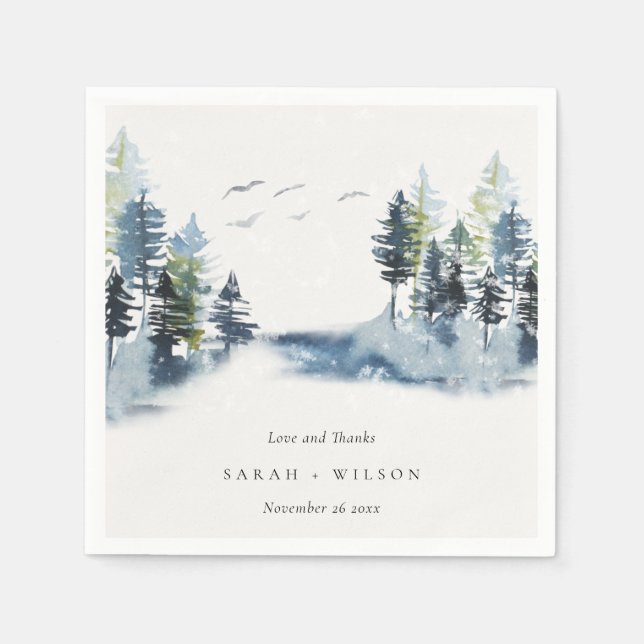 Green Blue Pine Woods Forest Birds Thanks Wedding Napkin (Front)