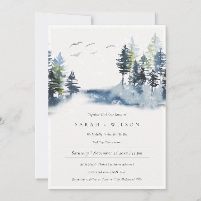 Green Blue Pine Woods Forest Birds Wedding Invite (Front)