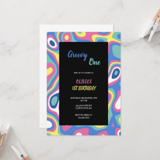 green,blue,pink,and yellow groovy birthday  invitation
