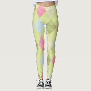 Green, Blue & Pink Argyle Diamond Pattern Leggings