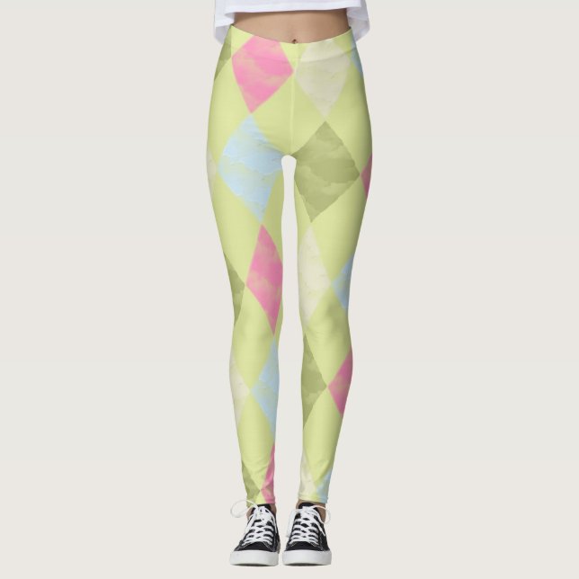 Green, Blue & Pink Argyle Diamond Pattern Leggings (Front)