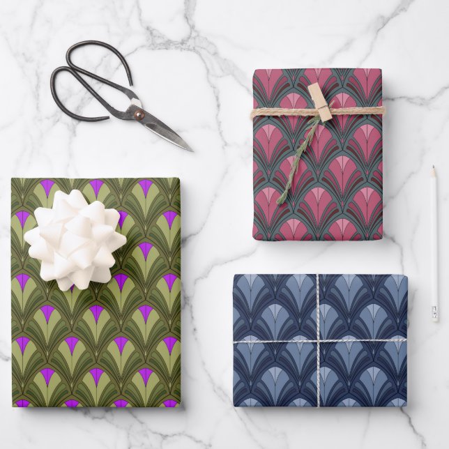 GREEN BLUE PINK GRAY ART DECO PATTERNS WRAPPING PAPER SHEET (Front)