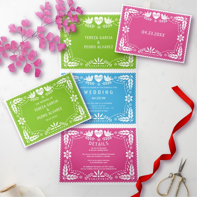 Green, blue pink papel picado lovebirds wedding Tri-Fold invitation (Creator Uploaded)