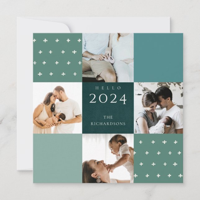 Green Blue Plaid 4 Photo Cross Hello 2022 New Year Holiday Card (Front)