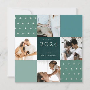 Green Blue Plaid 4 Photo Cross Hello 2022 New Year Holiday Card