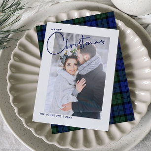Green & Blue Plaid Merry Christmas Script Photo Holiday Card