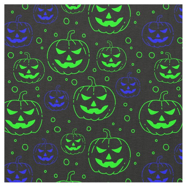 Green & Blue Pumpkins on Black  Fabric (Close Up)