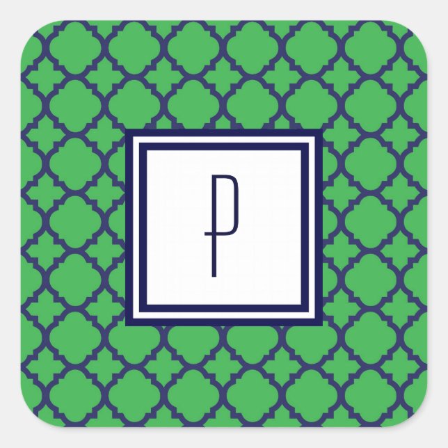 Green Blue Quatrefoil Monogram Stickers (Front)