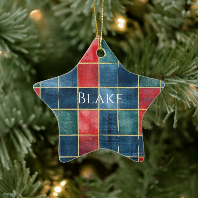 Green Blue Red Gold Plaid Stripes Christmas Ceramic Ornament (Tree)
