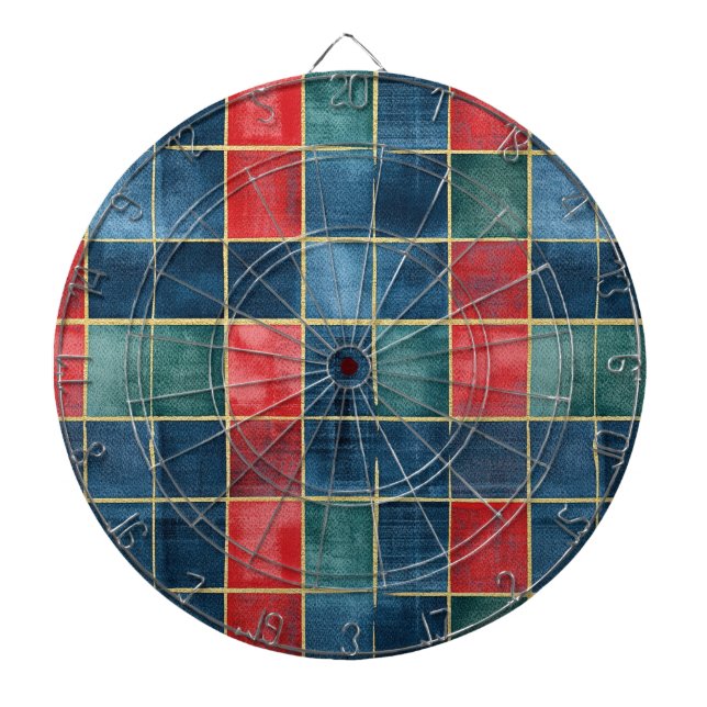 Green Blue Red Gold Plaid Stripes Dartboard (Front)