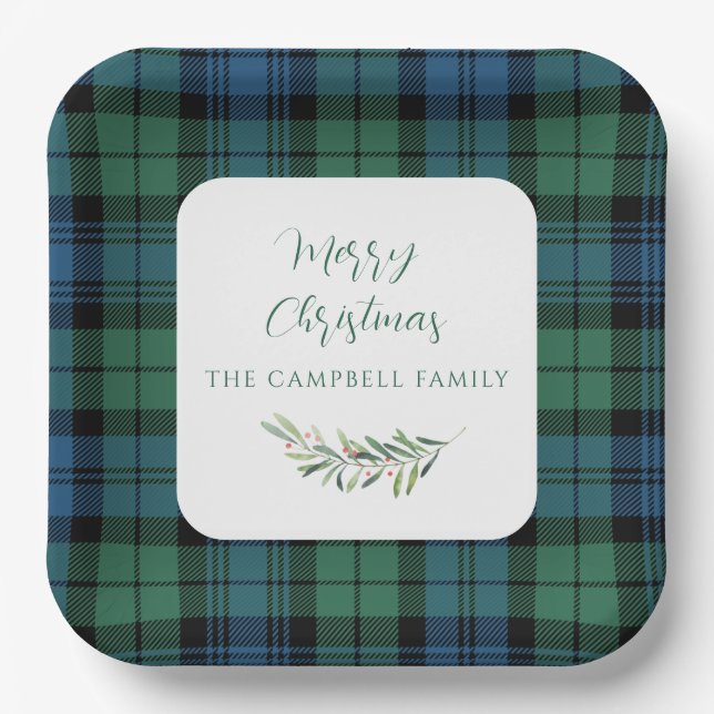 Green Blue Rustic Plaid Christmas Holiday Tartan Paper Plate (Front)