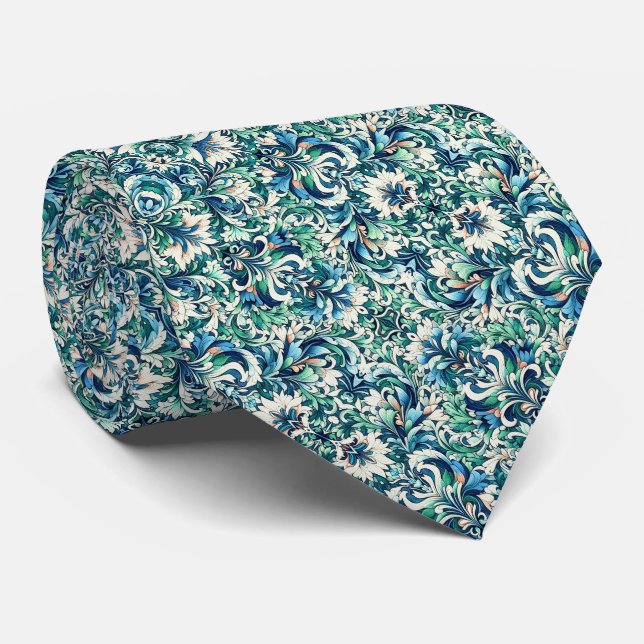 Green, Blue, Salmon & Cream Floral & Swirl Pattern Tie (Rolled)