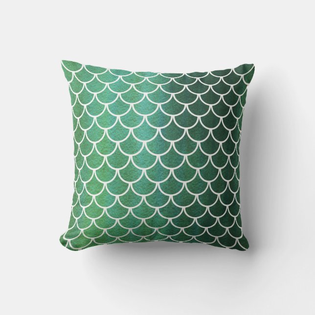 Green Blue Scallop Scale Watercolor Wash Pillow (Front)