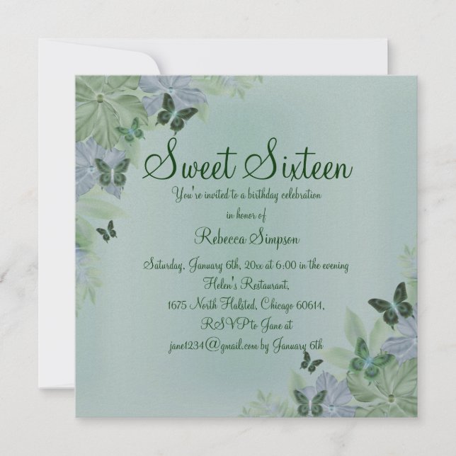 Green & Blue Shimmer Butterfly Sweet 16 Invite (Front)