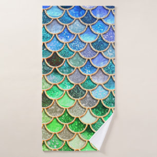 Green Blue Shiny Ombre Glitter Mermaid Scales Bath Towel Set