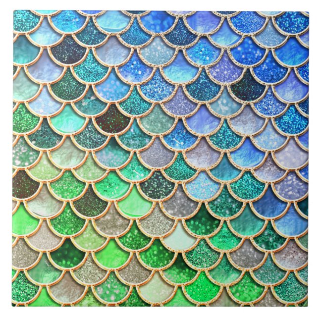 Green Blue Shiny Ombre Glitter Mermaid Scales Ceramic Tile (Front)