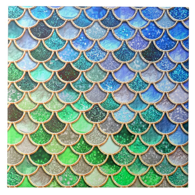 Green Blue Shiny Ombre Glitter Mermaid Scales Ceramic Tile (Front)
