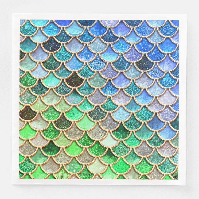 Green Blue Shiny Ombre Glitter Mermaid Scales Napkin (Front)