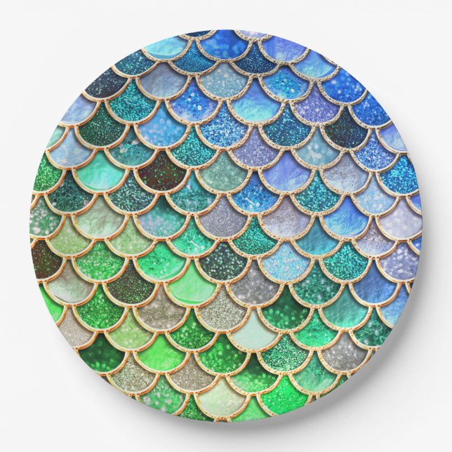 Green Blue Shiny Ombre Glitter Mermaid Scales Paper Plate (Front)