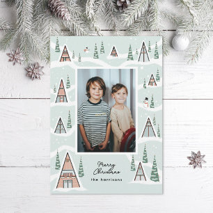Green blue Snowy A-Frames Winter Cabin Photo Holiday Card