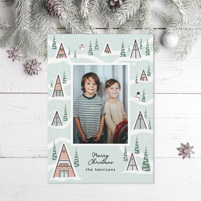 Green blue Snowy A-Frames Winter Cabin Photo Holiday Card (Creator Uploaded)